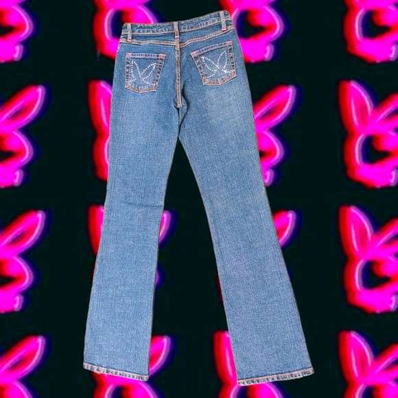 Y2k Deadstock Bedazzled Pink Embroidered Low-rise Playboy Jeans - Picture 2 of 7